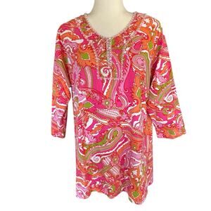 Soft Surroundings Top Womens XL Tunic paisley Beaded Maximalism Pink Retro Boho